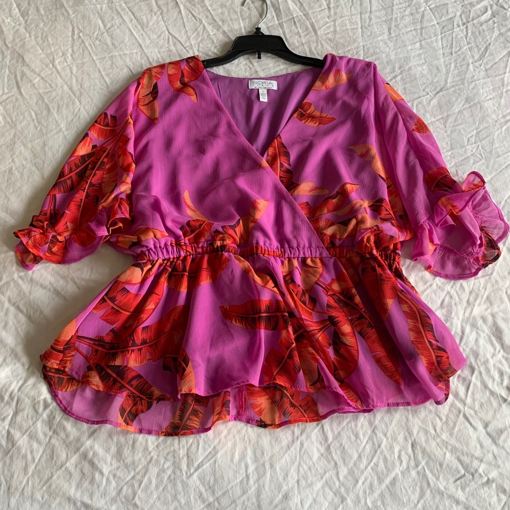 Sofia Jeans L Blouse Purple Tropical Palm Leaf Peplum Ruffle Wrap Top